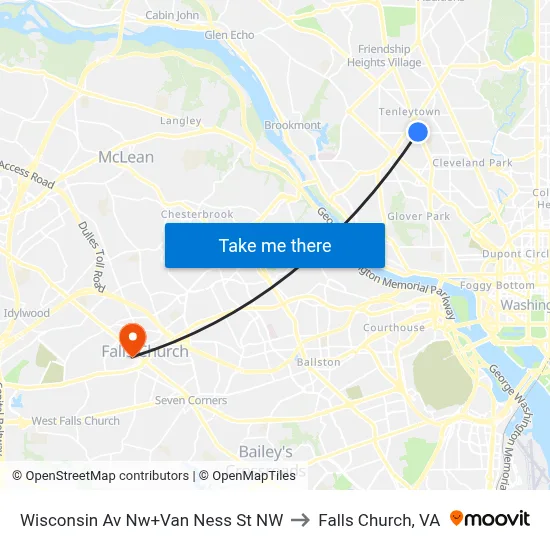 Wisconsin Av Nw+Van Ness St NW to Falls Church, VA map