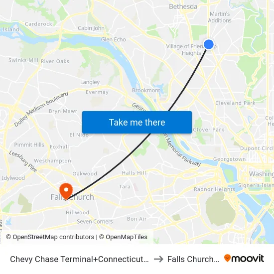 Chevy Chase Terminal+Connecticut Av NW to Falls Church, VA map