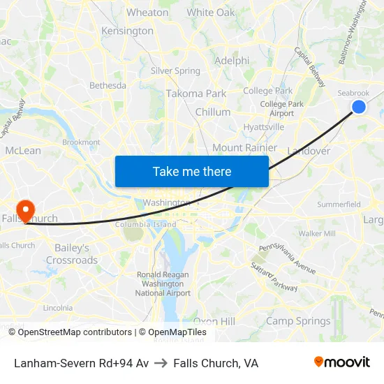 Lanham-Severn Rd+94 Av to Falls Church, VA map