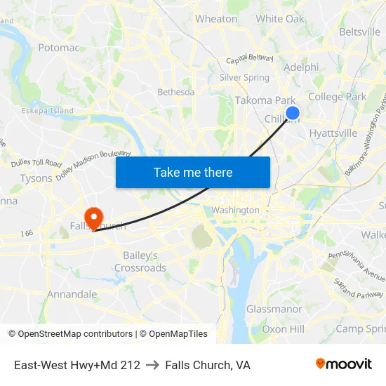 East-West Hwy+Md 212 to Falls Church, VA map