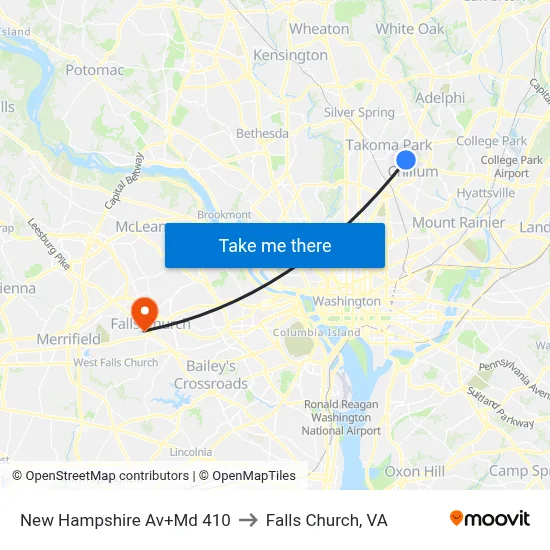 New Hampshire Av+Md 410 to Falls Church, VA map