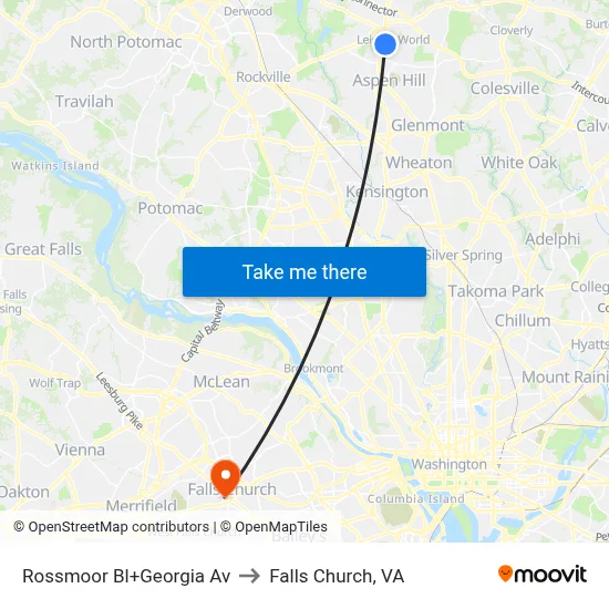 Rossmoor Bl+Georgia Av to Falls Church, VA map