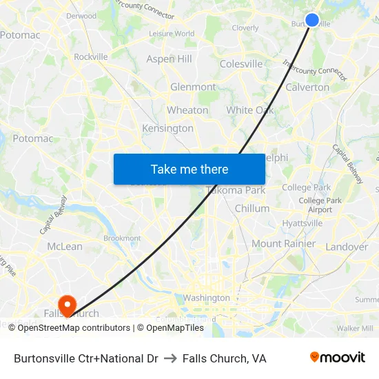 Burtonsville Ctr+National Dr to Falls Church, VA map