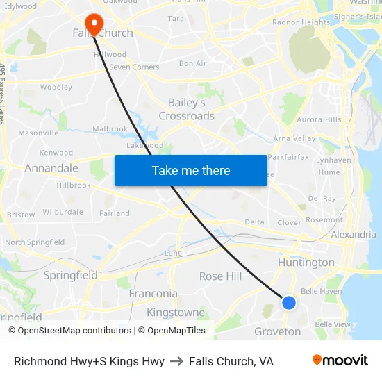 Richmond Hwy+S Kings Hwy to Falls Church, VA map