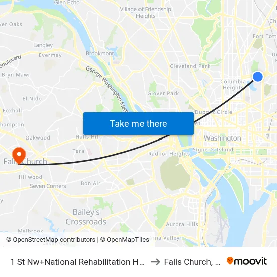 1 St Nw+National Rehabilitation Hosp to Falls Church, VA map