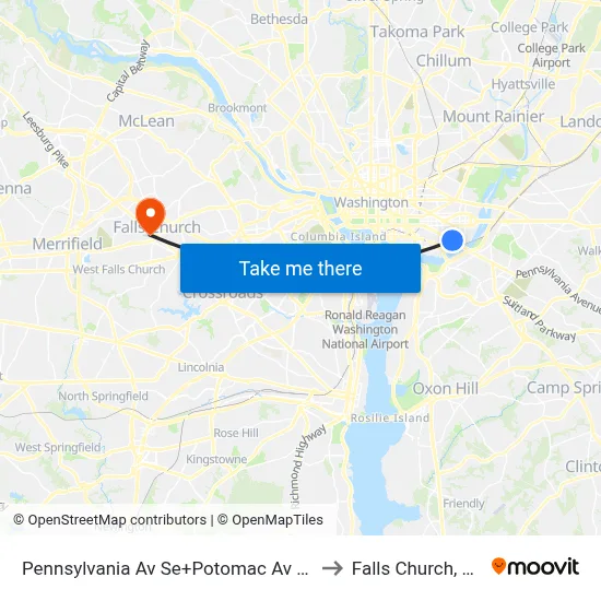 Pennsylvania Av Se+Potomac Av SE to Falls Church, VA map