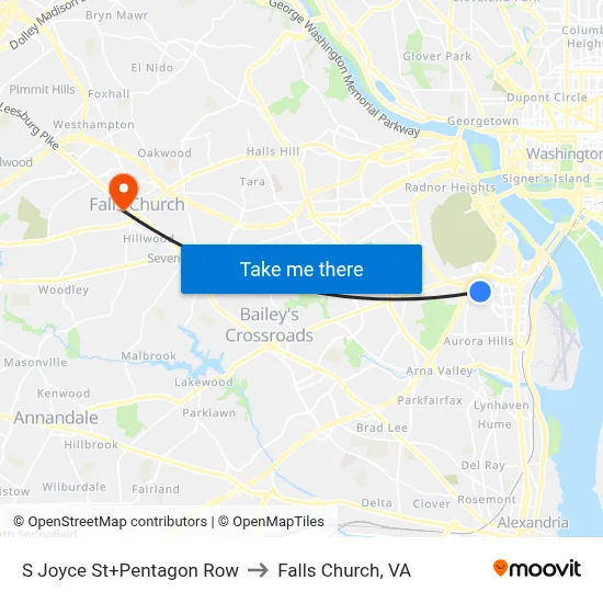 S Joyce St+Pentagon Row to Falls Church, VA map