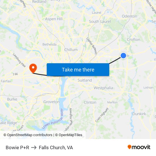 Bowie P+R to Falls Church, VA map