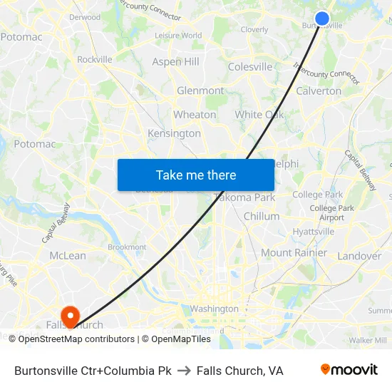 Burtonsville Ctr+Columbia Pk to Falls Church, VA map