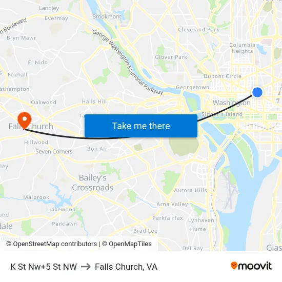 K St Nw+5 St NW to Falls Church, VA map