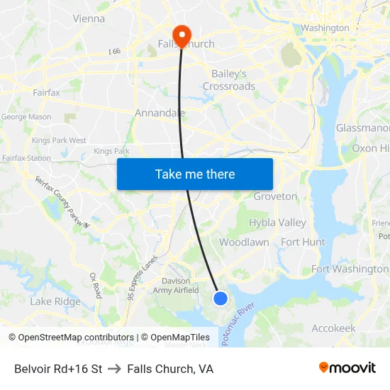 Belvoir Rd+16 St to Falls Church, VA map