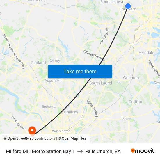 Milford Mill Metro Station Bay 1 to Falls Church, VA map