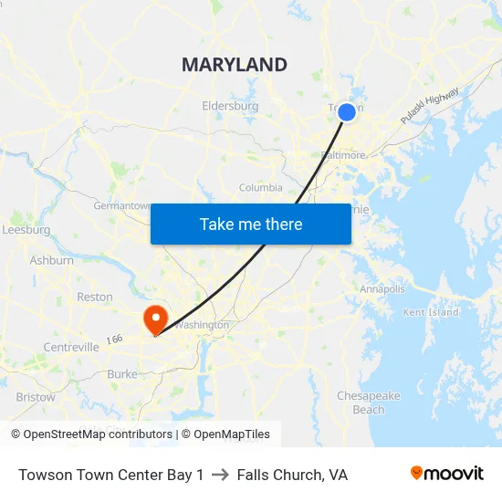 Towson Town Center Bay 1 to Falls Church, VA map
