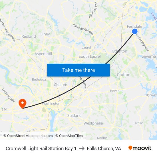 Cromwell Light Rail Station Bay 1 to Falls Church, VA map