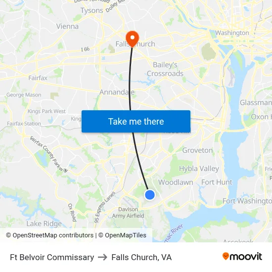 Ft Belvoir Commissary to Falls Church, VA map