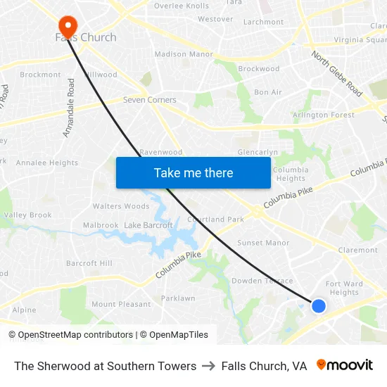 The Sherwood at Southern Towers to Falls Church, VA map
