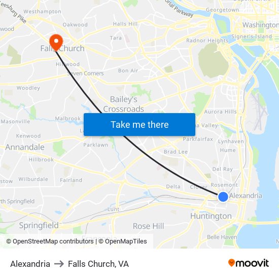 Alexandria to Falls Church, VA map