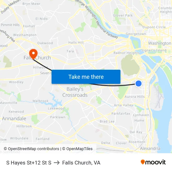S Hayes St+12 St S to Falls Church, VA map