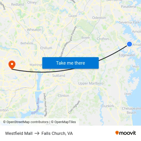 Westfield Mall to Falls Church, VA map