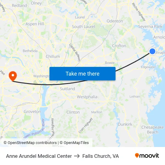 Anne Arundel Medical Center to Falls Church, VA map