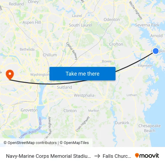 Navy-Marine Corps Memorial Stadium (Stop 3) to Falls Church, VA map