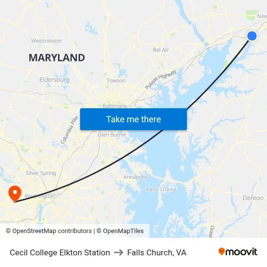 Cecil College Elkton Station to Falls Church, VA map