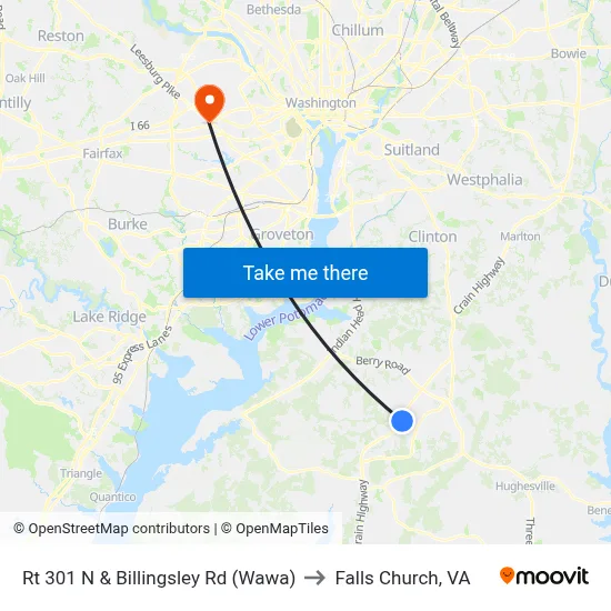 Rt 301 N & Billingsley Rd (Wawa) to Falls Church, VA map