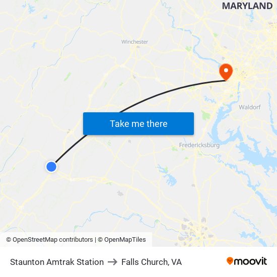 Staunton Amtrak Station to Falls Church, VA map