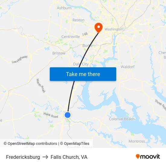 Fredericksburg to Falls Church, VA map