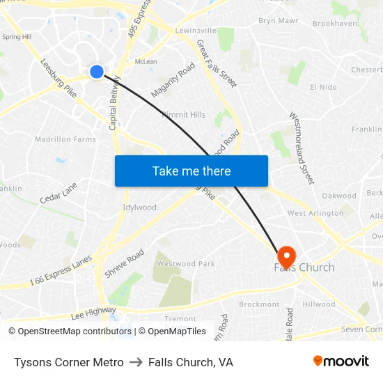 Tysons Corner Metro Bay A to Falls Church, VA map