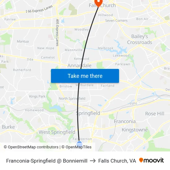 Franconia-Springfield @ Bonniemill to Falls Church, VA map