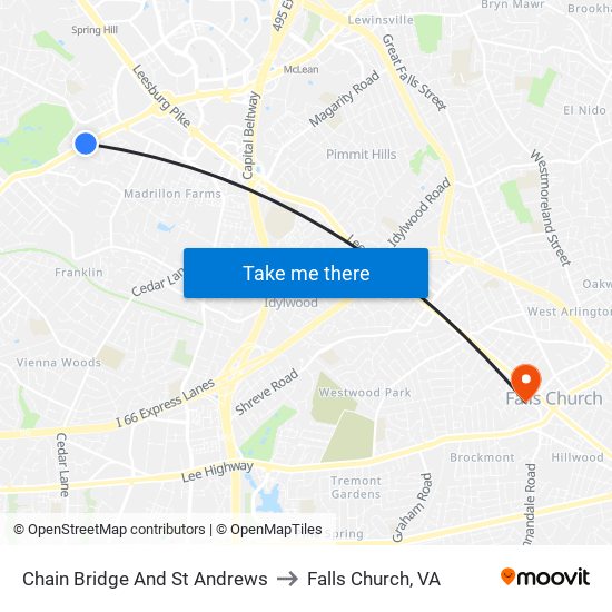 Chain Bridge And St Andrews to Falls Church, VA map