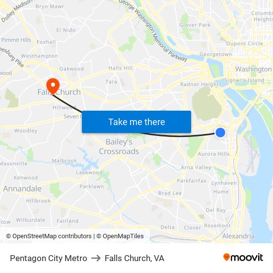 Pentagon City Metro to Falls Church, VA map