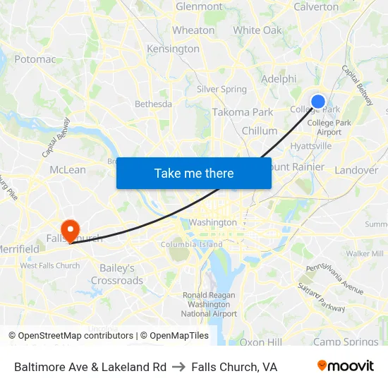 Baltimore Ave & Lakeland Rd to Falls Church, VA map