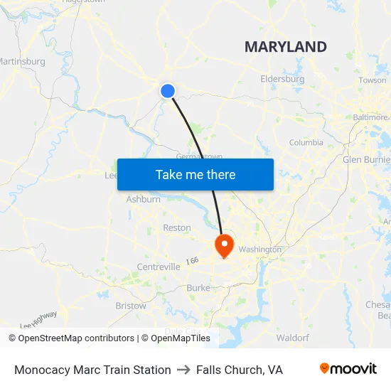 Monocacy Marc Train Station to Falls Church, VA map