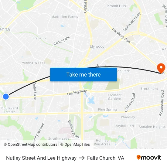 Nutley Street And Lee Highway to Falls Church, VA map
