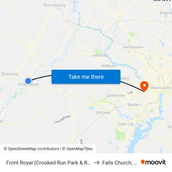 Front Royal (Crooked Run Park & Ride) to Falls Church, VA map