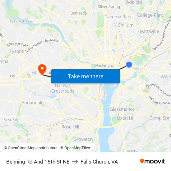 Benning Rd And 15th St NE to Falls Church, VA map