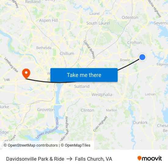 Davidsonville Park & Ride to Falls Church, VA map