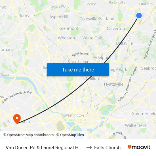 Van Dusen Rd & Laurel Regional Hospital to Falls Church, VA map