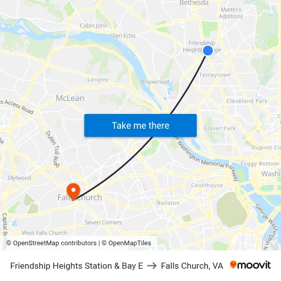 Friendship Heights Station & Bay E to Falls Church, VA map