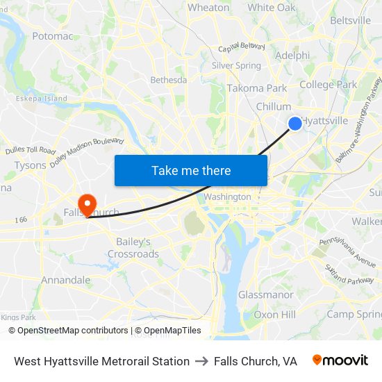West Hyattsville Metrorail Station to Falls Church, VA map