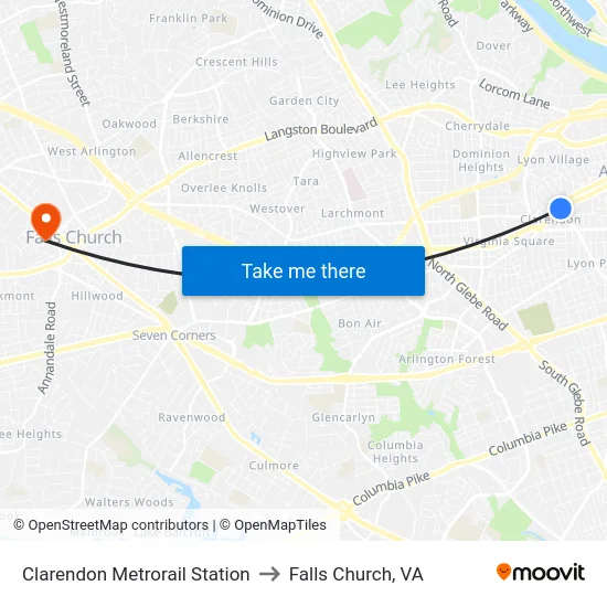 Clarendon to Falls Church, VA map