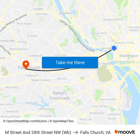 M Street And 28th Street NW (Wb) to Falls Church, VA map