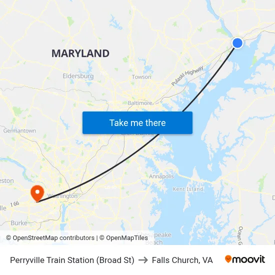 Perryville Train Station (Broad St) to Falls Church, VA map
