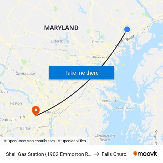 Shell Gas Station (1902 Emmorton Rd/Rt 924) to Falls Church, VA map