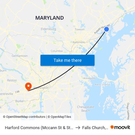 Harford Commons (Mccann St & Starr St) to Falls Church, VA map