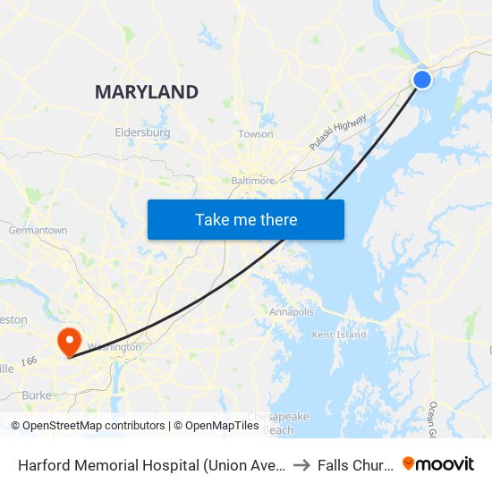 Harford Memorial Hospital (Union Ave & Revolution St) to Falls Church, VA map