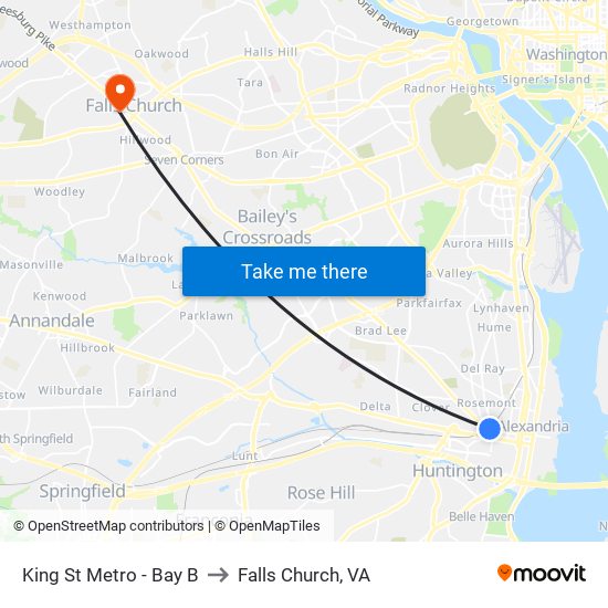 King St Metro - Bay B to Falls Church, VA map