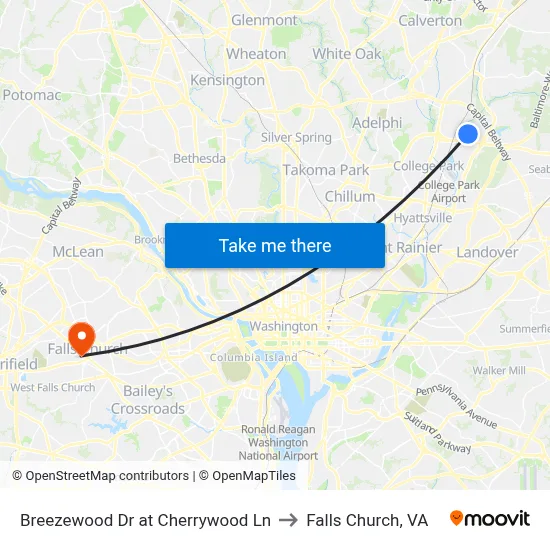 Breezewood Dr at Cherrywood Ln to Falls Church, VA map